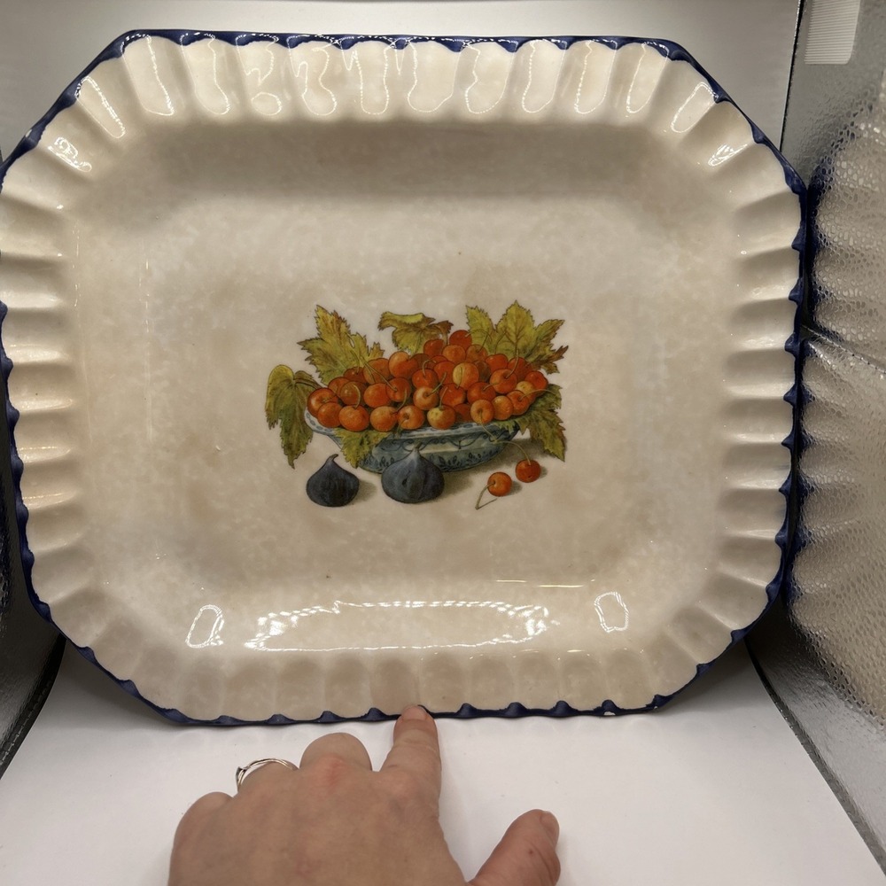 Vintage Ceramica Due Torri Ceramic Serving Platter Blue Trim & Peaches Italy